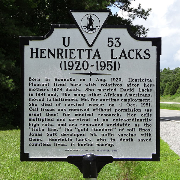 Panneau historique sur Henrietta Lacks à Clover, en Virginie