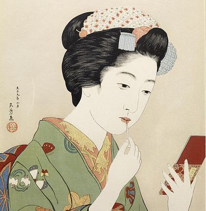 Une femme appliquant de la couleur sur ses lèvres (bloc de bois sur papier, 1920). 