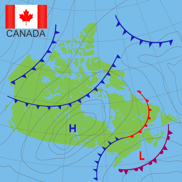 Carte météorologique du Canada illustrant des systèmes de haute et basse pression
