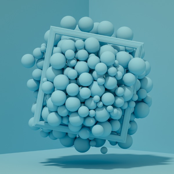 Cube qui déborde de sphères représentant des particules