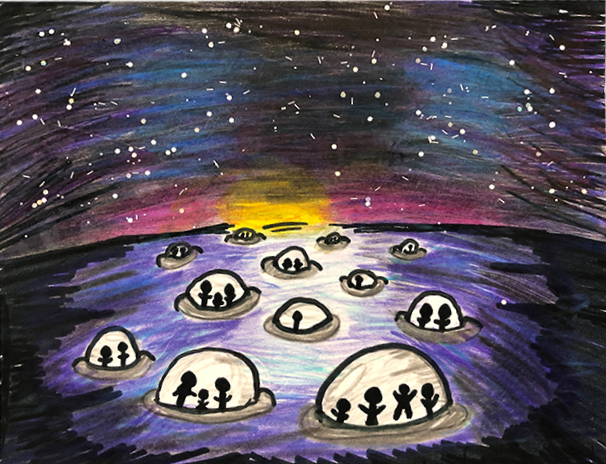 Carte postale dessinée par un élève représentant des sphères d’habitation sur une planète extra-terrestre.