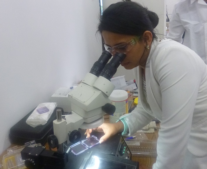 Juillet Alexandra Rincon Chacon utilisant un microscope pour examiner un échantillon.