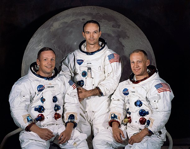 Crew of Apollo 11 (left to right), Neil A. Armstrong, commander; Michael Collins, command module pilot; and Edwin E. Aldrin Jr., lunar module pilot.