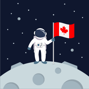 Un astronaute se tient sur la Lune avec un drapeau canadien