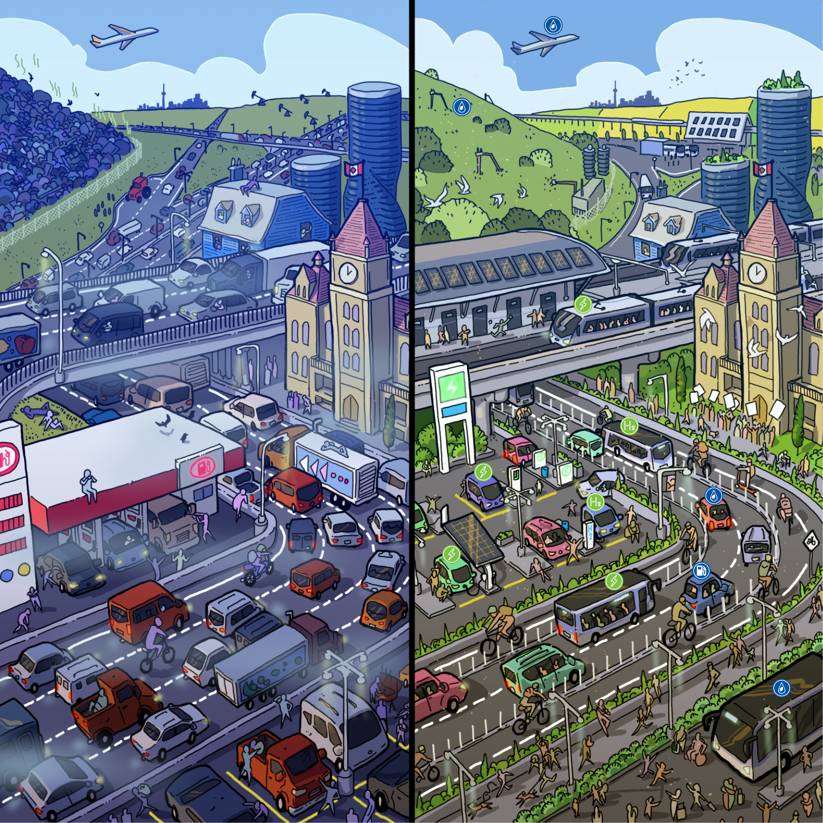 Illustration of congested and sustainable cities