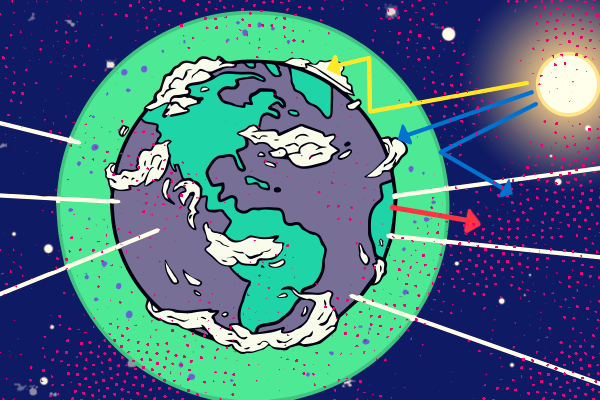 La terre est représentée avec des flèches pointant dans différentes directions.