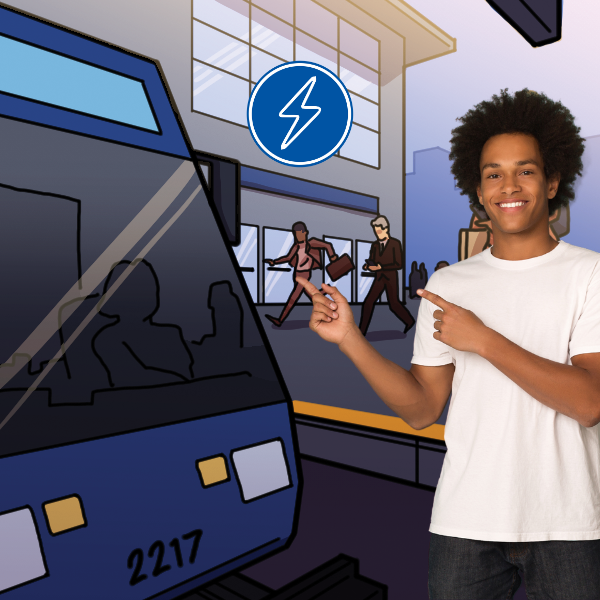 Un adolescent pointant du doigt l'illustration du métro léger