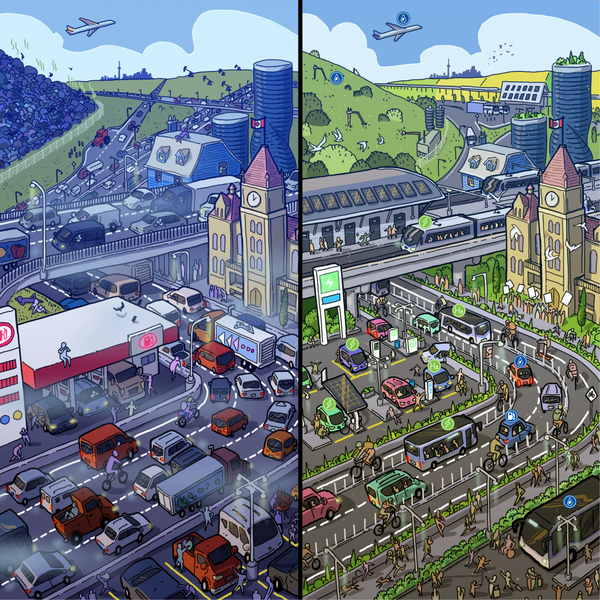Il s'agit de deux images en couleur, de style bande dessinée, de la même rue de la ville, côte à côte.