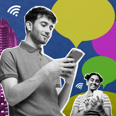 Collage d'adultes modernes utilisant des téléphones intelligents en ville avec des signaux wifi