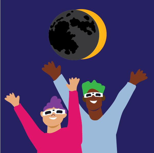 Deux personnages de bande dessinée qui regardent une éclipse solaire