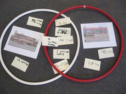 Exemple d’utilisation de cerceaux de triage pour créer un diagramme de Venn.  Photo de Parlons sciences