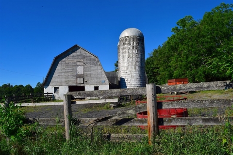 Une grange et un silo à grains sur une ferme