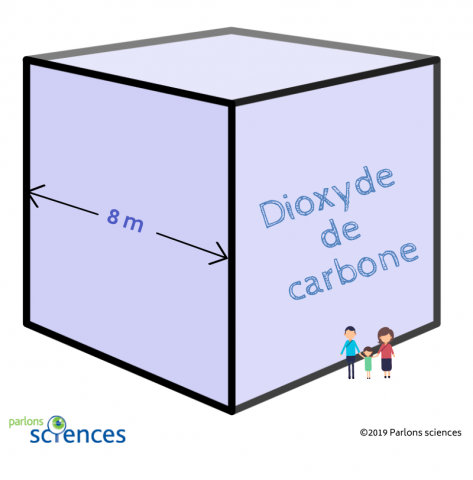   Si tu devais construire un cube qui représenterait une tonne métrique de dioxyde de carbone, ce cube mesurerait environ huit mètres de chaque côté 