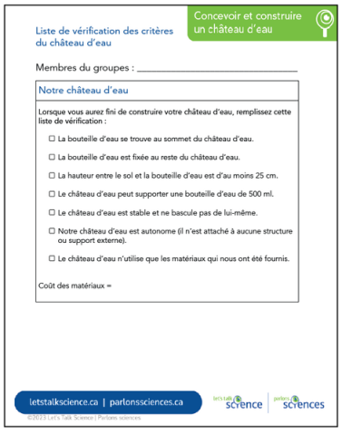 Il s’agit d’une capture d’écran en couleur d’un document d’une page, en format lettre, intitulé « Liste de vérification du château d’eau ».