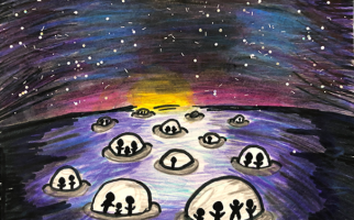 Carte postale dessinée par un élève représentant des sphères d’habitation sur une planète extra-terrestre.