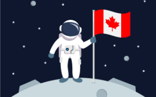 Un astronaute se tient sur la Lune avec un drapeau canadien