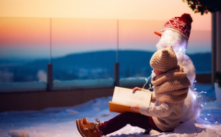 Boy with book next to a snowman