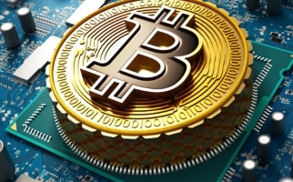 Logo du bitcoin et carte mère