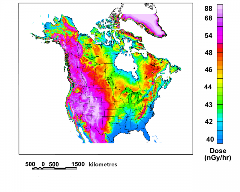 Quantité extérieure annuelle de rayonnement cosmique en Amérique du Nord (en microsieverts) 