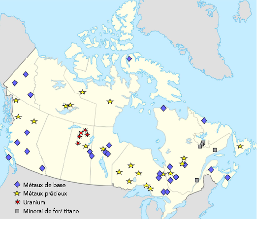 Carte illustrant l’emplacement des mines de métaux au Canada