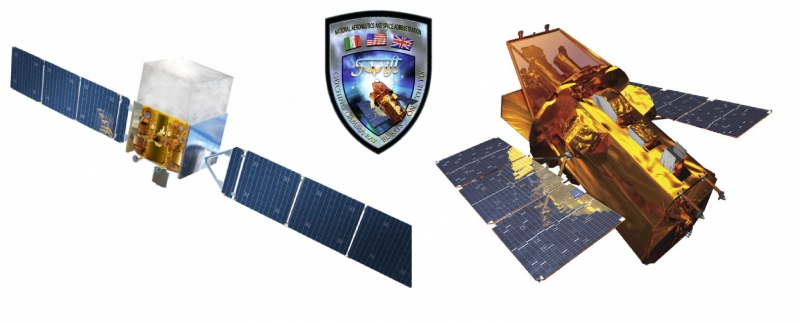 De gauche à droite : le télescope spatial Fermi Gamma-ray (NASA), le logo de la mission Swift (programme d’éducation et de sensibilisation du public de la NASA, Université Sonoma State, Aurore Simonnet) et l’observatoire spatial Swift (programme d’éducation et de sensibilisation du public de la NASA, Université Sonoma State, Aurore Simonnet).