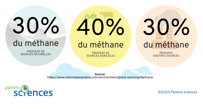 30 % du méthane provient de sources naturelles, 40 % de sources agricoles et 30 % d’autres sources d’origine humaine. 