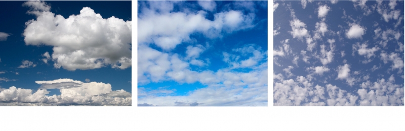 Exemples de cumulus (à gauche), de stratocumulus (au centre) et d’altocumulus (à droite)