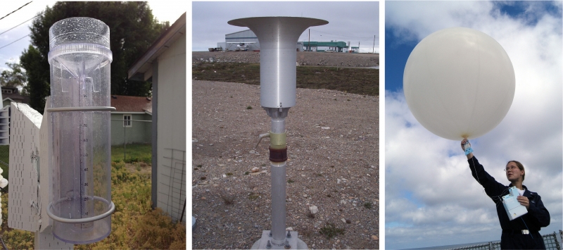 D’autres outils de mesure sont notamment le pluviomètre (gauche), le nivomètre (centre) et les ballons-sondes météorologiques (droite)