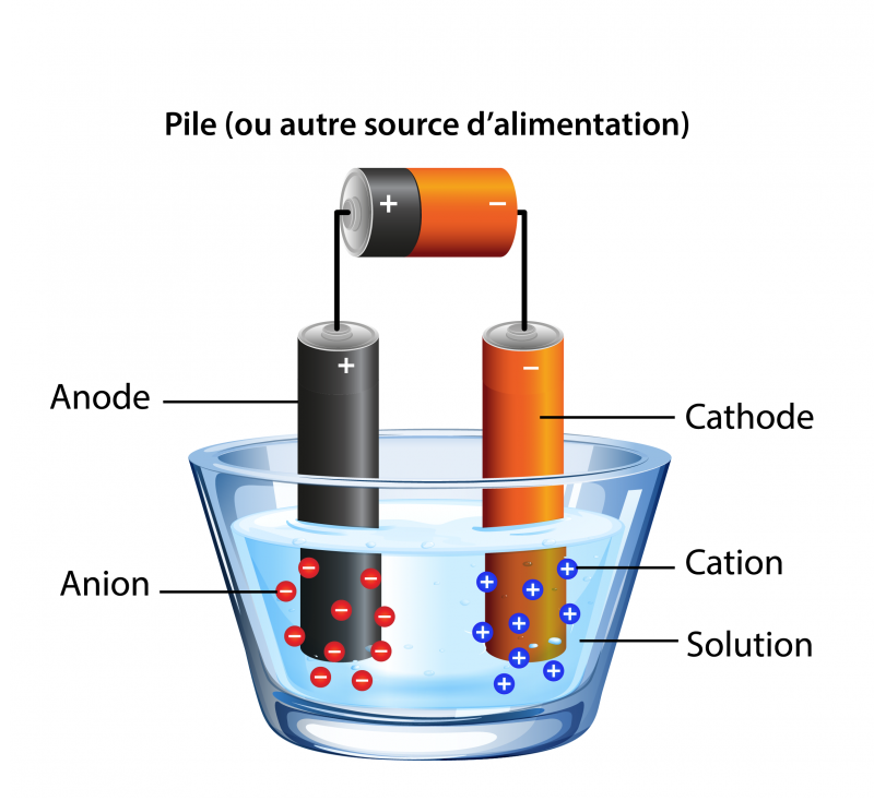 Un schéma d’électrolyse montrant les ions, les électrodes et la source d’énergie