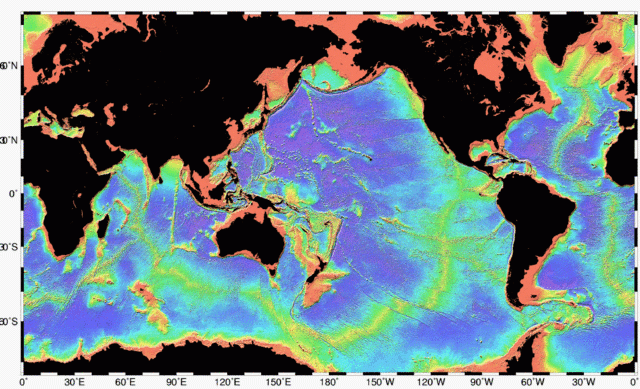 Bathymetry of the ocean floor showing the parts such as the continental shelves (pink) and the mid-ocean ridges (yellow-green)