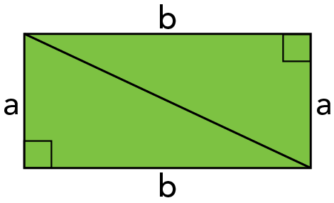 Rectangle with a diagonal line extending across. The short sides are identified as and the long sides as b. The right angles are also identified