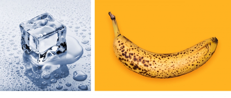 À gauche : Un glaçon qui fond est un bon exemple de changement physique. À droite : Une banane qui brunit est un bon exemple de changement chimique