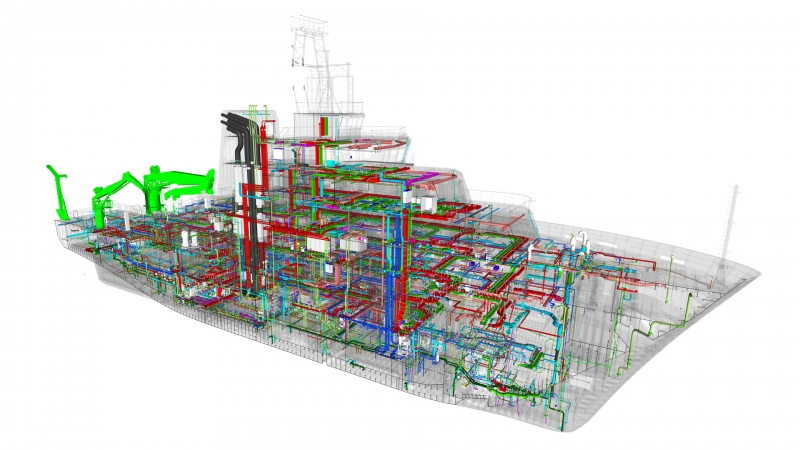 A 3D view of the OOSV, showing the internal layout of the ship with different systems highlighted in different colours