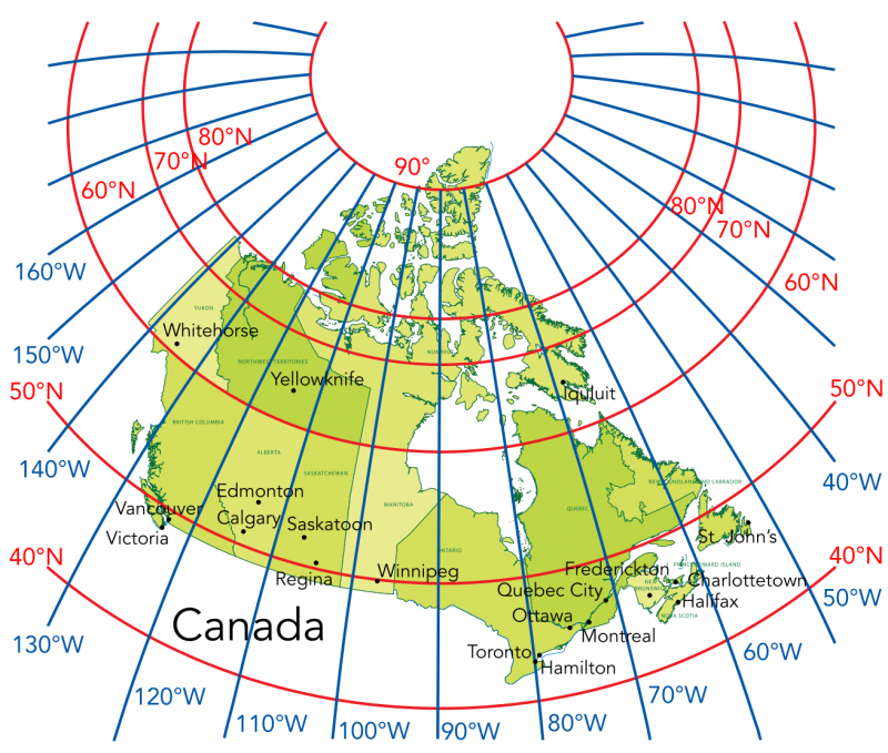 Map of Canada showing lines of longitude and latitude