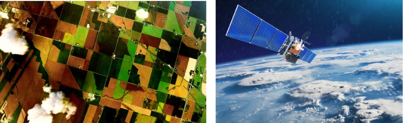 À gauche : Image satellite de champs agricoles en Saskatchewan. À droite : Un satellite météorologique plane au-dessus des nuages
