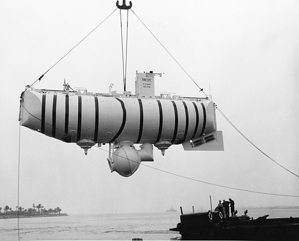 Deep sea submersible Trieste being lifted out of the water 