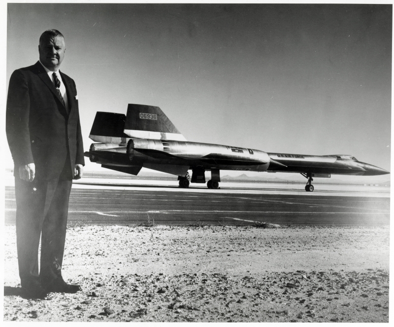 A Lockheed YF-12 Blackbird at Area 51 in Nevada, with Clarence L. “Kelly” Johnson standing in the left foreground