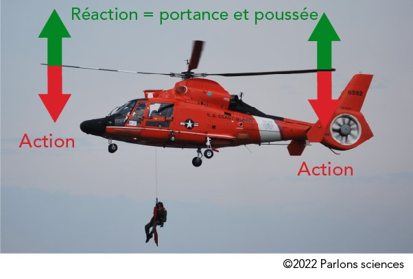 Flèches montrant la direction de l’action et de la réaction dues au rotor en mouvement