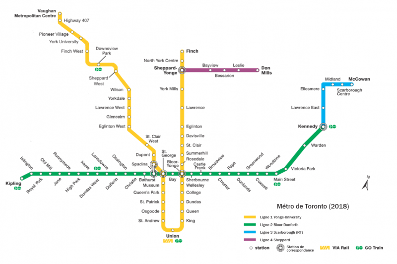 Carte du réseau de métro de Toronto en 2018