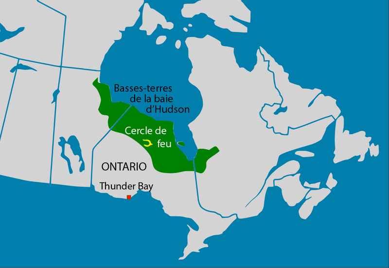 Carte couleur de l’est du Canada avec des zones marquées en vert et en jaune.