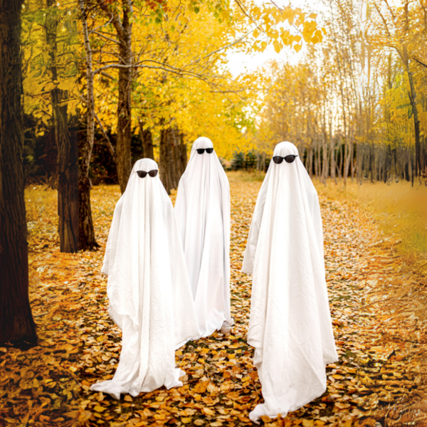 Trois fantômes avec des lunettes de soleil dans la forêt