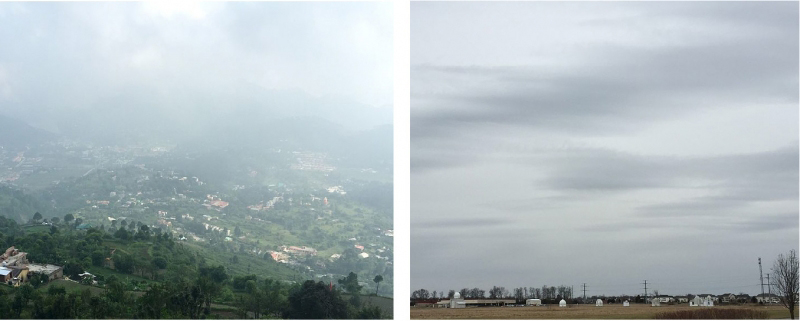 Voici deux photos en couleur de différents types de nuages lisses et translucides au-dessus de paysages.