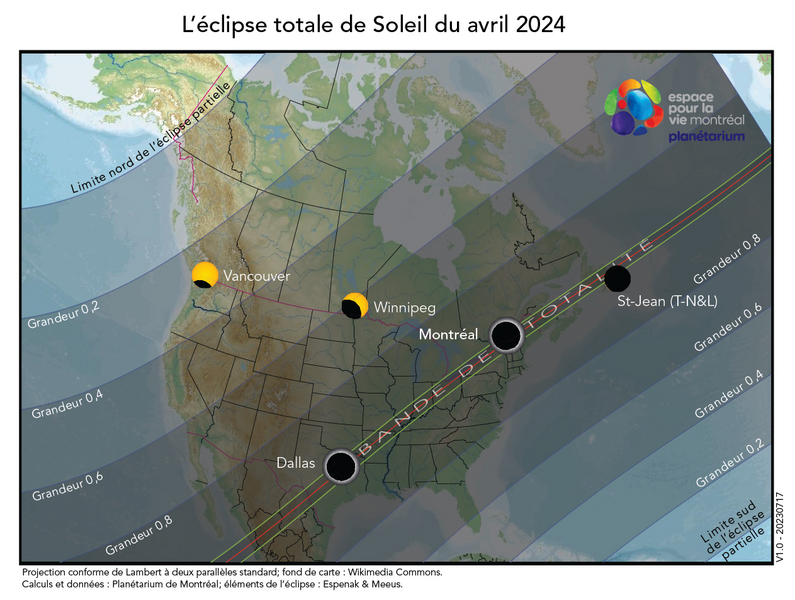 Voici une carte en couleur de l’Amérique du Nord sur laquelle sont superposées des bandes grises translucides et plusieurs illustrations du Soleil pendant une éclipse.