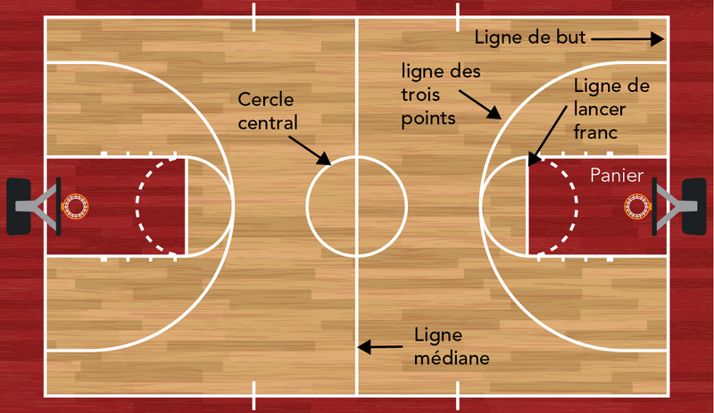 Un diagramme en couleur illustre une vue plongeante d’un terrain de basketball.