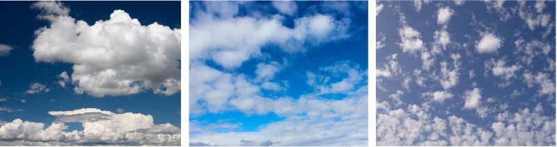 Trois photos en couleur de trois types différents de nuages blancs et cotonneux, disposées en rangée, sont présentées.