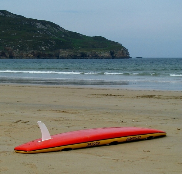 Carène (dessous d’une planche de surf). La dérive (aileron) est la pièce incurvée qui pointe vers le haut