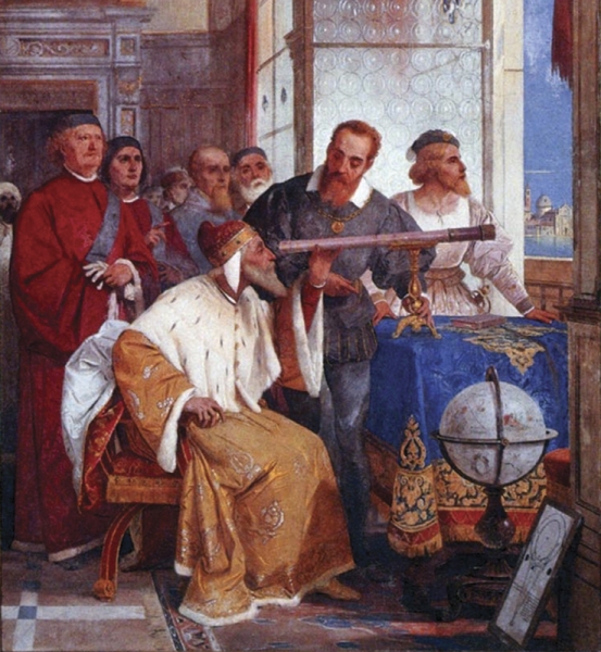 Galileo showing telescope