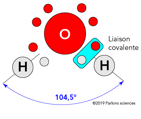 Molécule d’eau illustrant le partage des électrons formant des liaisons covalentes