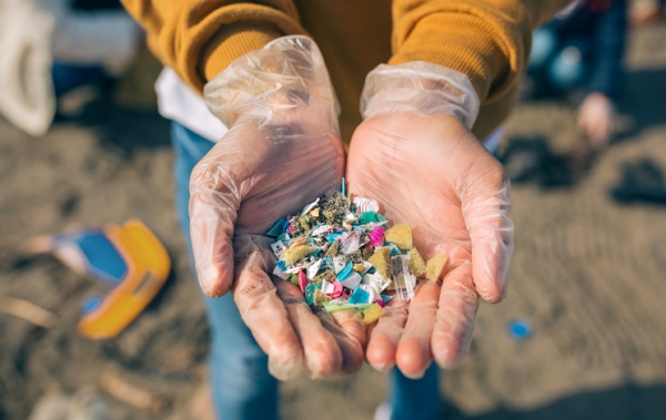 Mains montrant de petits morceaux de plastique à la plage
