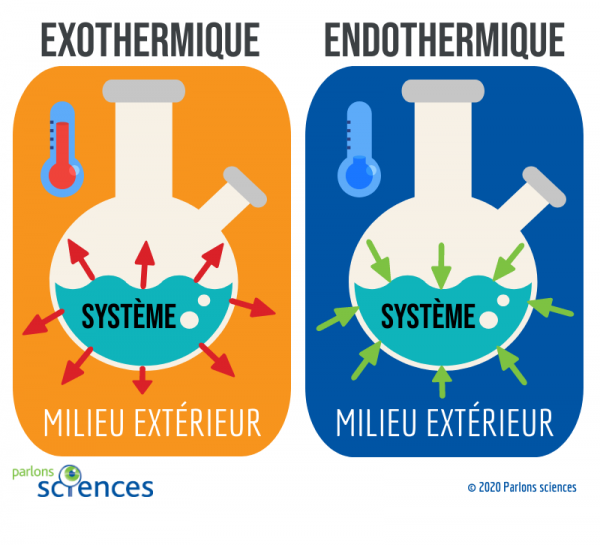Diagrammes montrant le système et le milieu extérieur des réactions exothermiques et endothermiques.